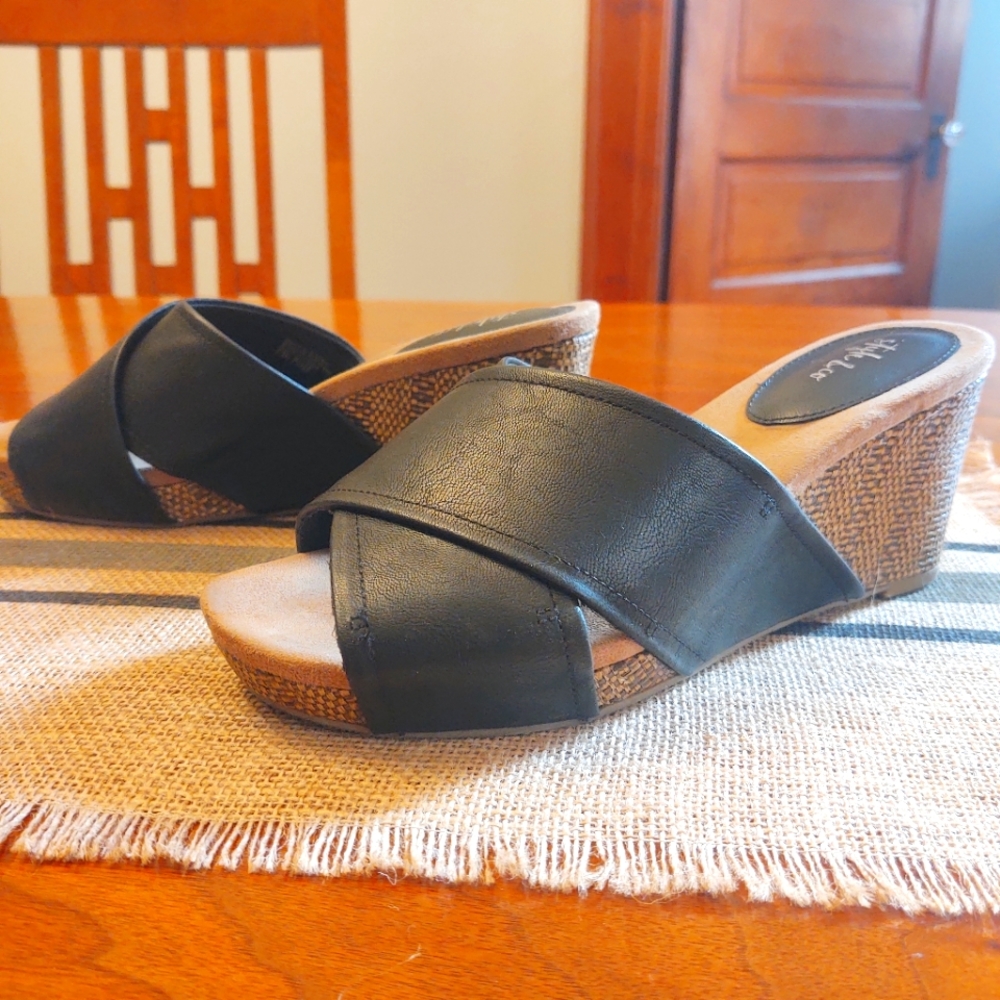 Like new black strap sandals wedge heels
